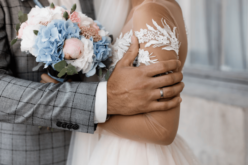 Passionate newlyweds dancing